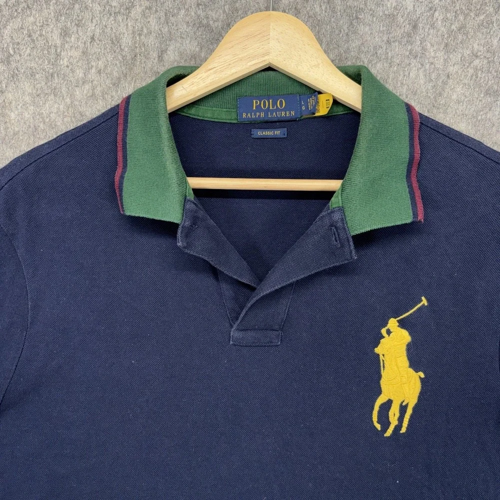 Polo Ralph Lauren Big Pony Shirt Men's Large Classic Fit Blue Yellow Cotton Y2K
